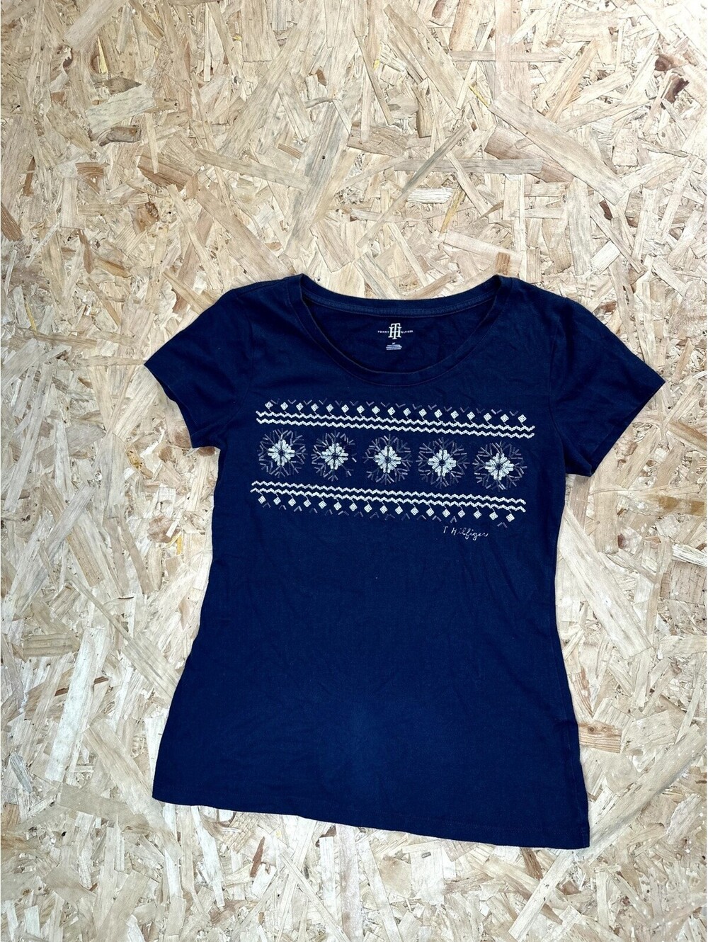Tommy Hilfiger Womens Small Navy Blue Beaded Snowflake Holiday T-Shirt S/P
